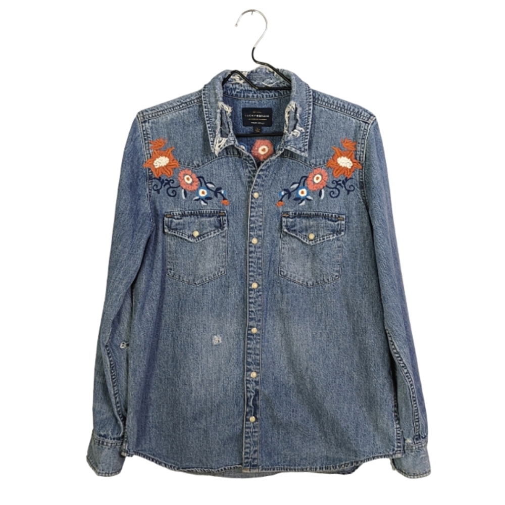 Lucky Brand Distressed Denim Shirt Embroidered Western Snap Button Down Floral